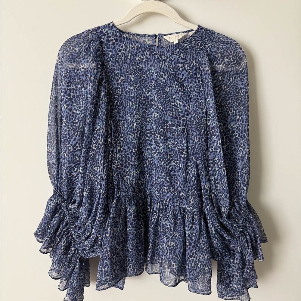 Ted Baker Blue Amelaa Leopard Printed Puff Sleeve Peplum Blouse